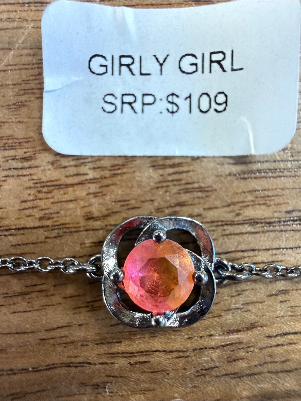 Stanley Silver-Tone Bracelet with Pink-Orange Faceted Stone